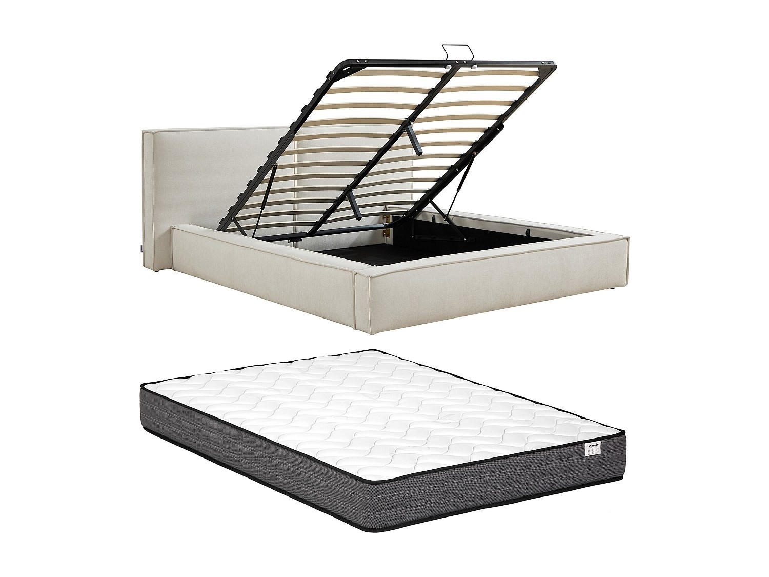 BETT mit Bettkasten - 2 Personen - Stoff - Beige - - Weiß, Textil (160/200cm) - Vente-Unique