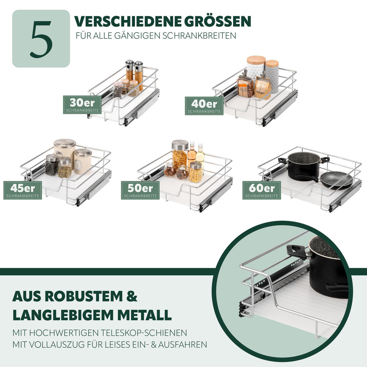 TELESKOPSCHUBLADE 60 cm, silber, Metall - Chromfarben, Metall (57/14/44cm) - bremermann