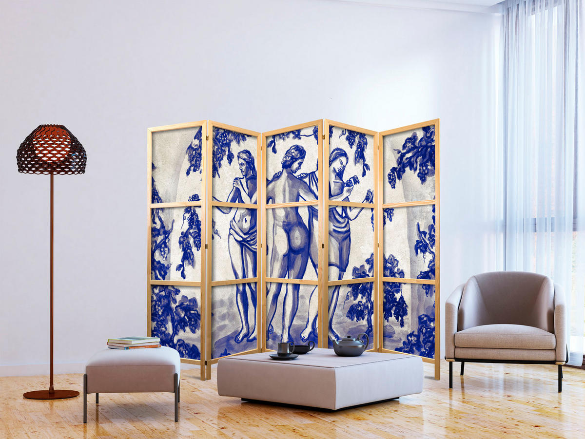 PARAVENT Japanischer 5-tlg 225x172 cm Drei Grazien - Blau, Holz/Textil (225/172/3cm) - Muralo