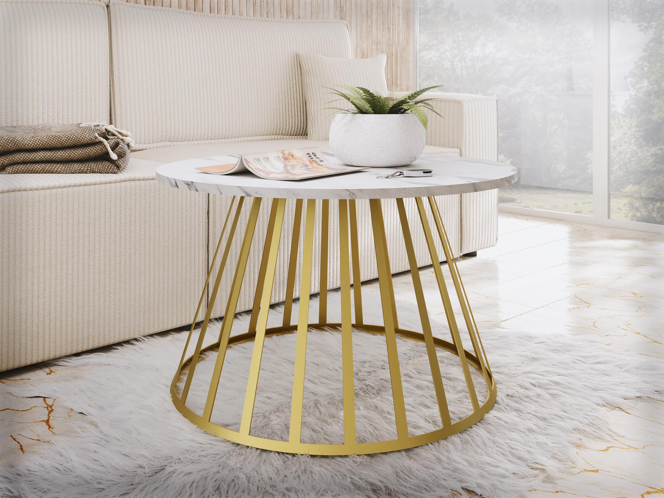 COUCHTISCH Mokod - Weiß Hochglanz/Goldfarben, Holzwerkstoff/Metall (75/75/45cm) - MIRJAN24