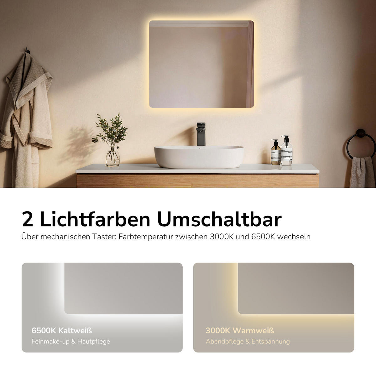 BADSPIEGEL mit Anti-Beschlag Beleuchtung Rechteckig 60/50 cm - Weiß, Glas (50/3.6/60cm) - EMKE