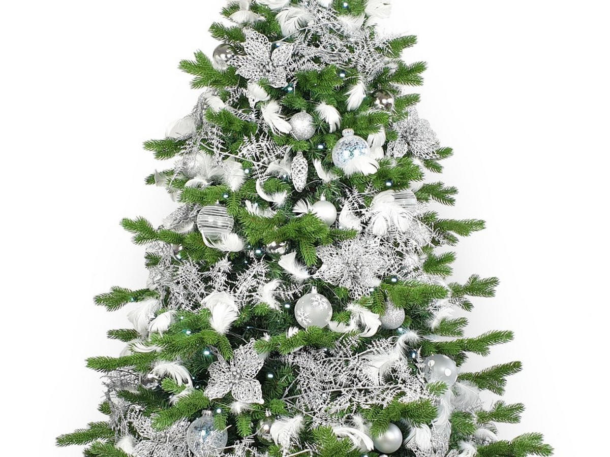 WEIHNACHTSBAUM künstlicher 150 cm, WINTERKÖNIG, mit 93-teiligem Weihnachtsbaumschmuck, inkl. Metallständer und Aufbewahrungsbox - Silberfarben/Weiß, Kunststoff/Metall (104/150cm) - LAALU
