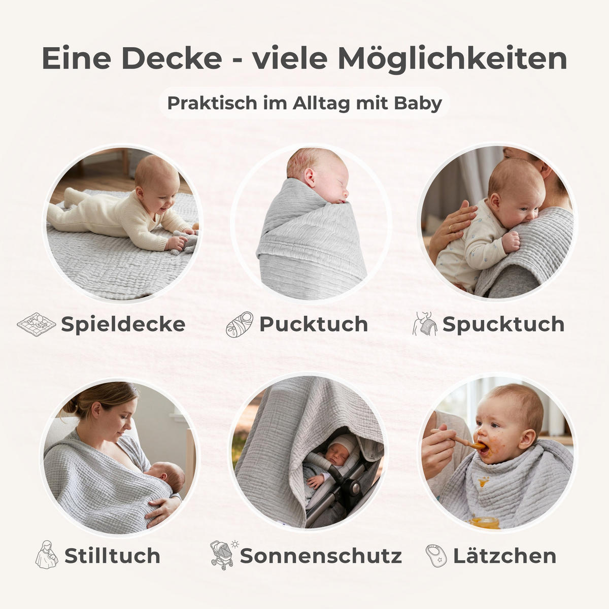 MUSSELINDECKE XL Babydecke Stilltuch Einschlagdecke Säuglingsdecke Mulltuch ab Geburt - Grau, Textil (90/120cm) - nordic coast company
