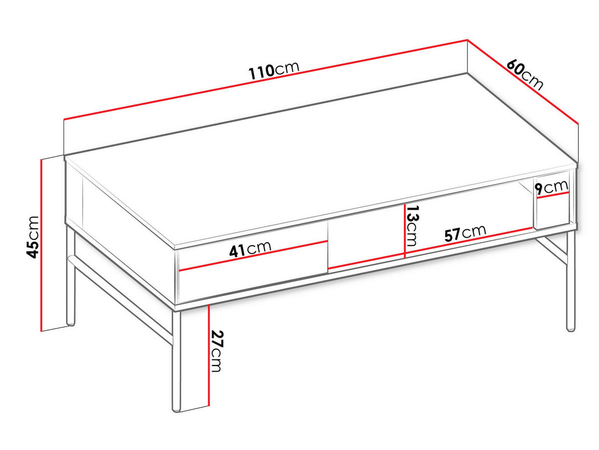 COUCHTISCH Visso VI-09 - Eichefarben/Schwarz, Holzwerkstoff/Metall (60/110/45cm) - MIRJAN24