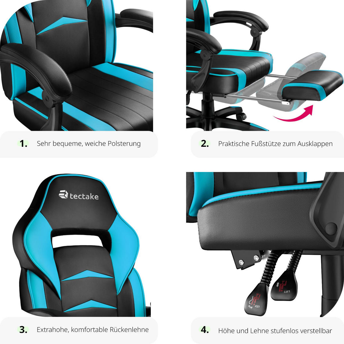 BÜROSTUHL Racing Comodo, Belastbarkeit 120 kg,schwarz/azur - Schwarz/Hellblau, Textil (70/127.5/69cm) - tectake
