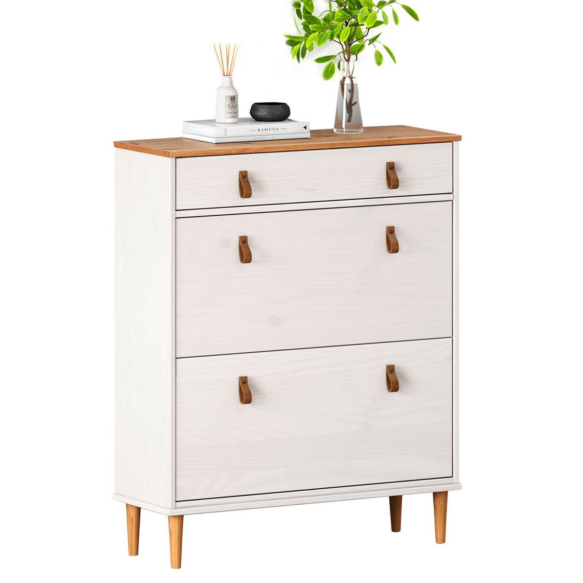 SCHUHKIPPER MIKKA weiß/Eiche - Eichefarben/Weiß, Holz (86/105/30cm) - IDIMEX