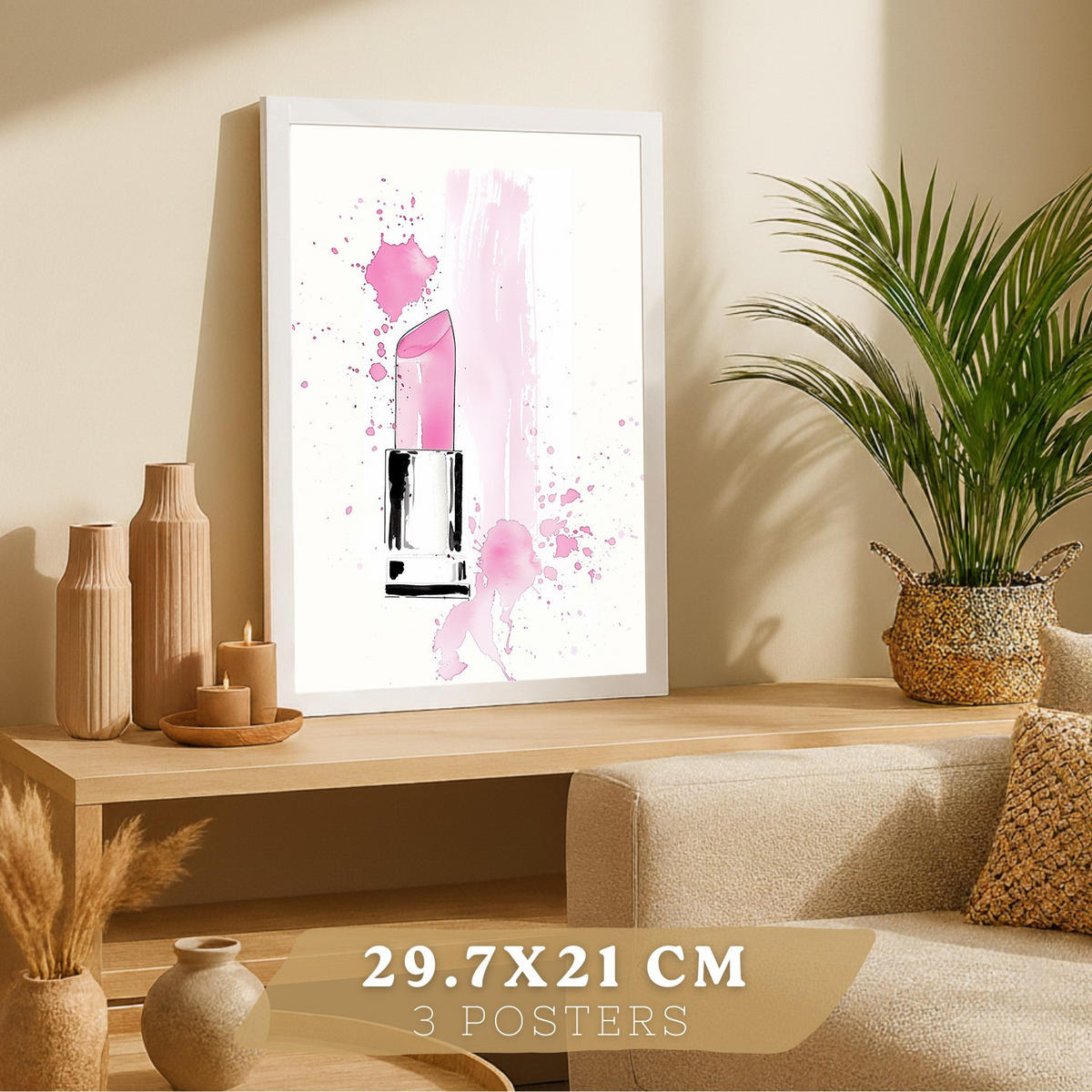 PLAKAT Sada 3 Růžová černá A3 Bílý rám - bílá, papír (29.7/1/42cm) - Nacnic