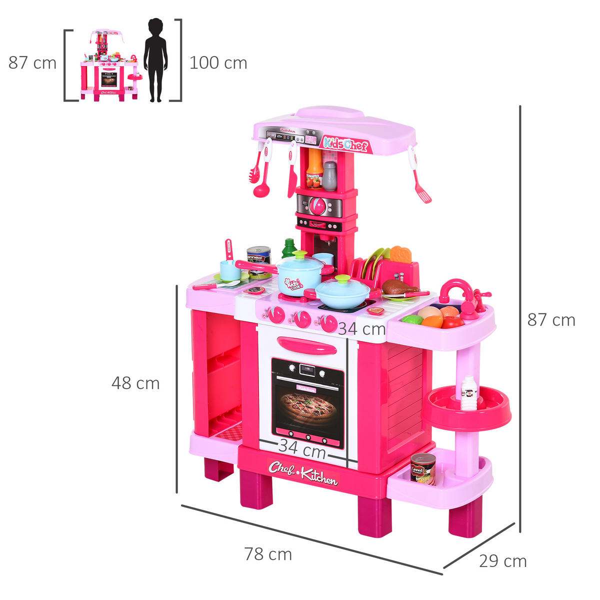 SPIELKÜCHE DE-18720 mit Licht & Sound, 38-teilig Rosa - Pink, Kunststoff (78/29/87cm) - ComfortXL