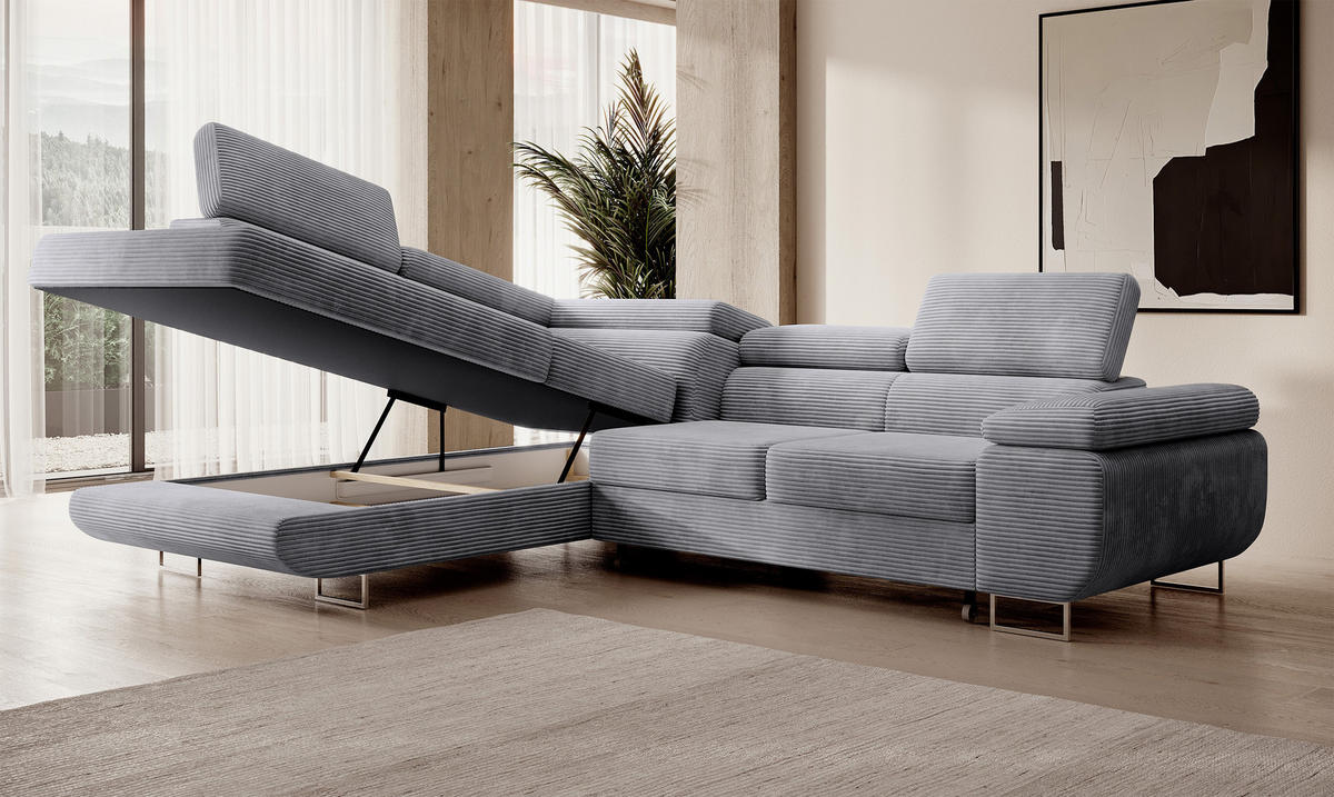 ECKSOFA Stevil Hellgrau Cordbezug - Silberfarben/Hellgrau, Textil/Metall (275/203cm) - Selsey