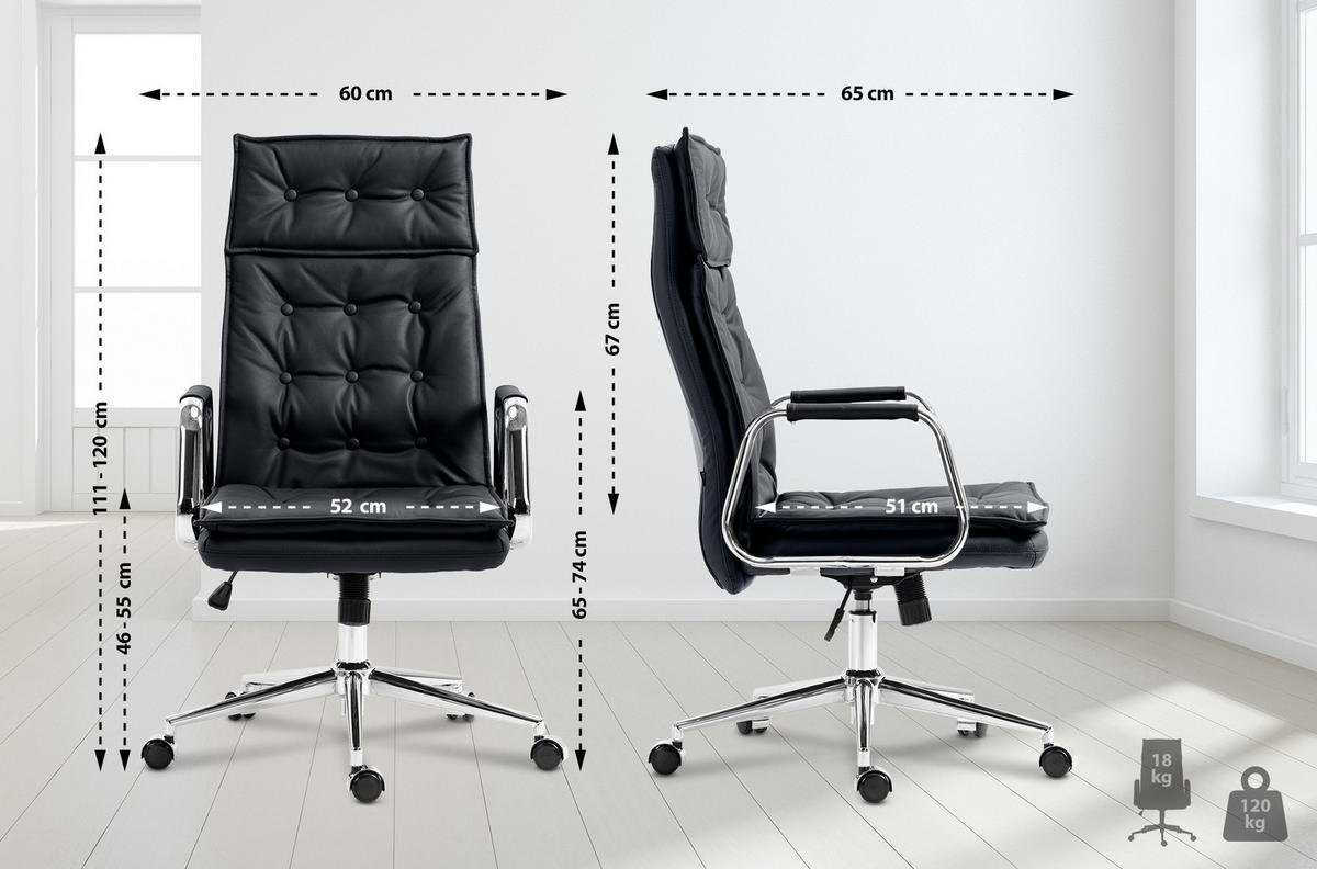 CHEFSESSEL Echtleder Schwarz - Chromfarben/Schwarz, Leder/Metall (60/111/65cm) - CLP