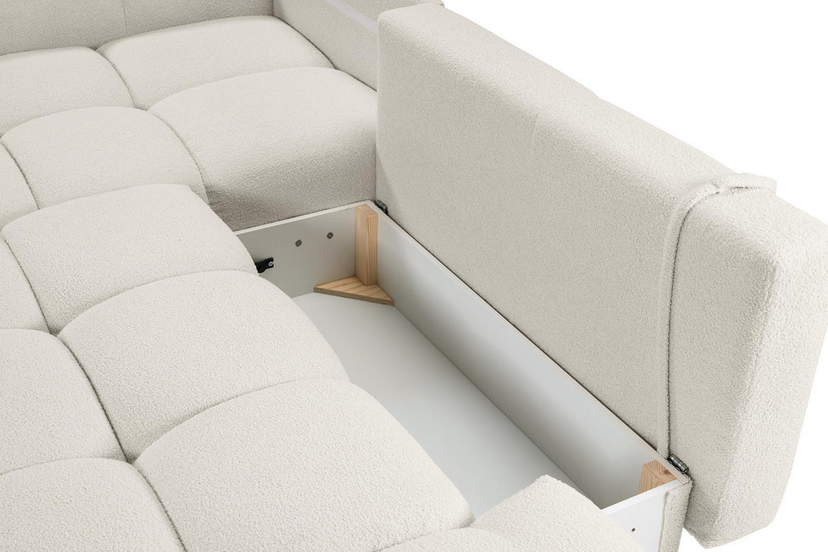 ECKSOFA DUCA L-S Creme Boucle-Stoff mit Schlaffunktion - Creme, Holz (266.5/266.5cm) - MASSENO