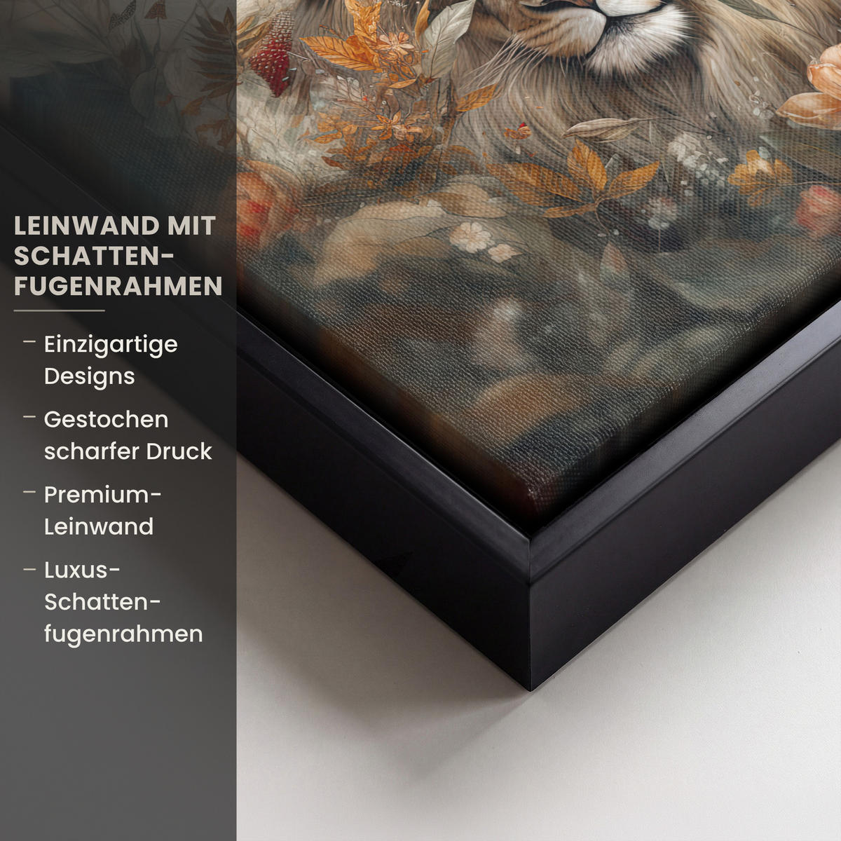 LEINWAND Bilder mit Rahmen - Löwe - Wildtiere - Pflanzen - Natur - Blumen - 20x20 - Beige, Textil (20/20cm) - MuchoWow