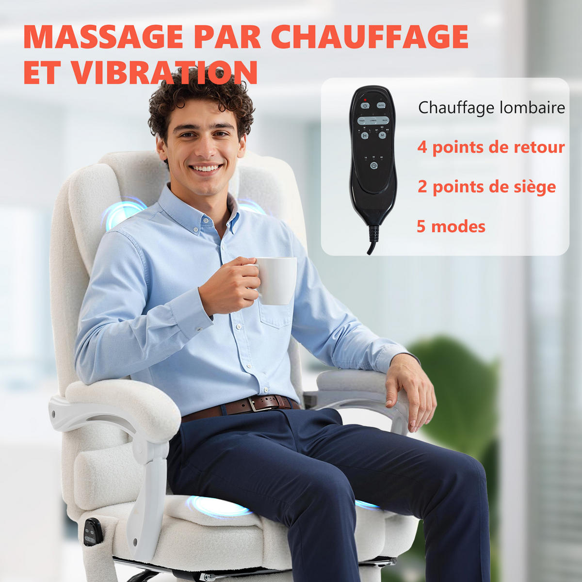 CHEFSESSEL DE-11830 Massage & Heizung Weiß - Weiß, Textil (70/119/65cm) - ComfortXL