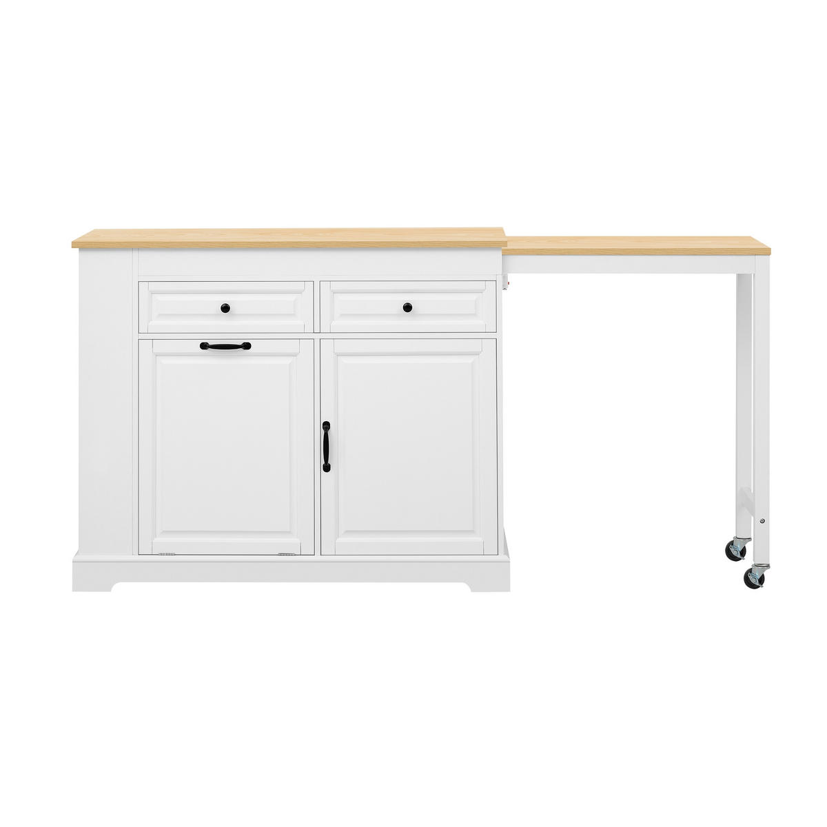 KÜCHENINSEL 112-180/45.2/92 cm Weiß mit 2 Schubladen, Abfallbehälterfach und Rollen - Weiß, Holz (45/92/116cm) - Oxeza