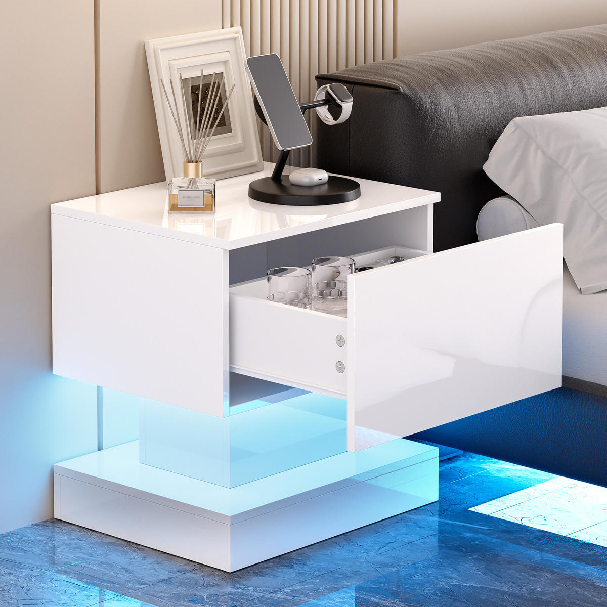 NACHTTISCH 50x40x52 cm, Weiß, LED, 2er-Set - Weiß, Holzwerkstoff (50/52/40cm) - FLIEKS