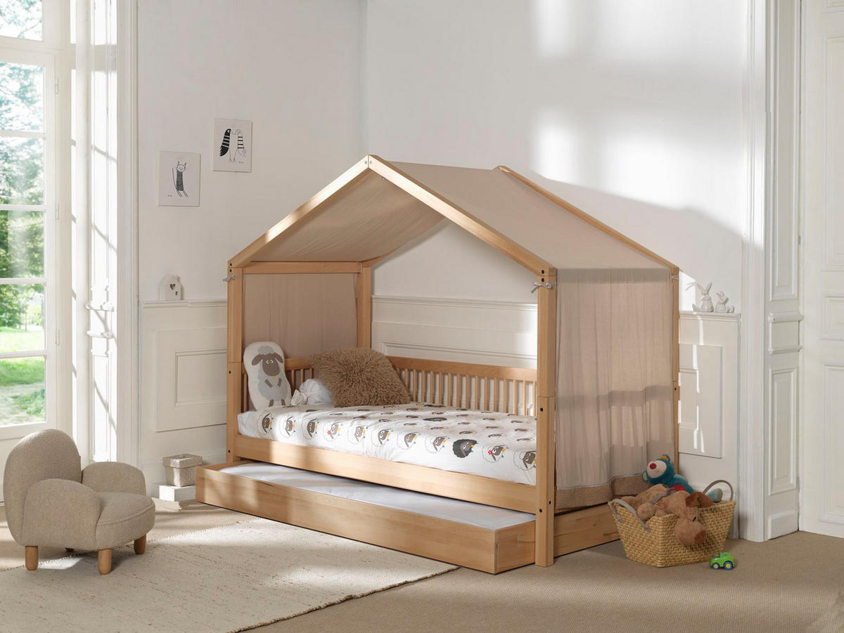 HAUSBETT Kelci 90x200 mit Dach und Textilhimmel Buche massiv natur - Buchefarben, Holz (90/200cm) - 58aufmkessel