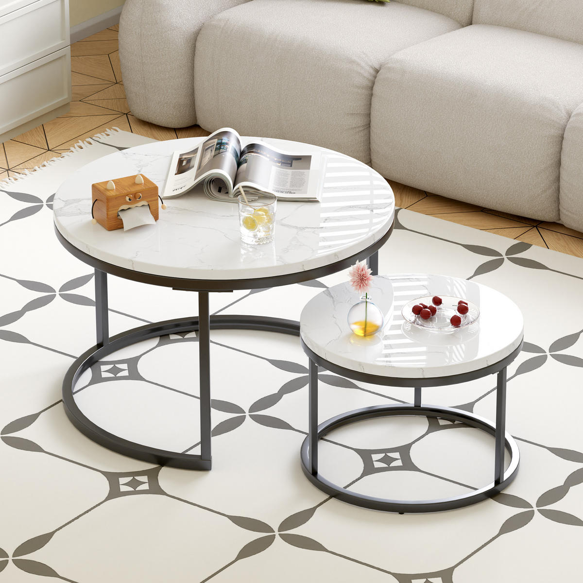 COUCHTISCH 2-tlg stapelbarer Kaffeetisch Nestingtische,Beistelltisch Wohnzimmertisch mit Metallgestell für Wohnzimmer - Schwarz/Weiß, Holzwerkstoff/Metall (70/70/45cm) - EVRYAE