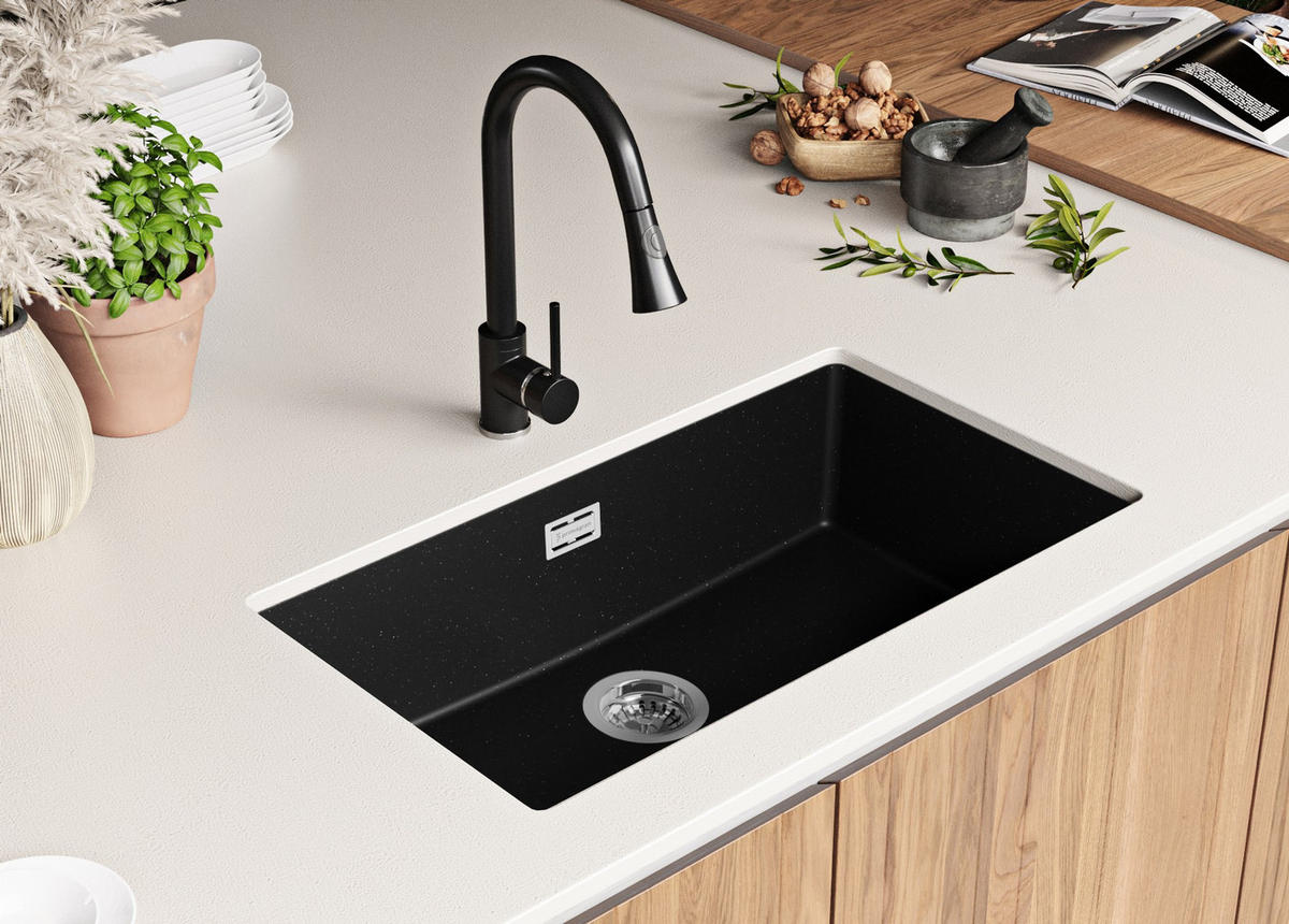 UNTERBAUSPÜLE GRANIT London, 2-er set Schwarz Metallic 76/47 cm 1 Becken + Ablauf-Set ab 80er Unterschrank - Chromfarben/Schwarz Hochglanz, Kunststoff (76/20/47cm) - Primagran