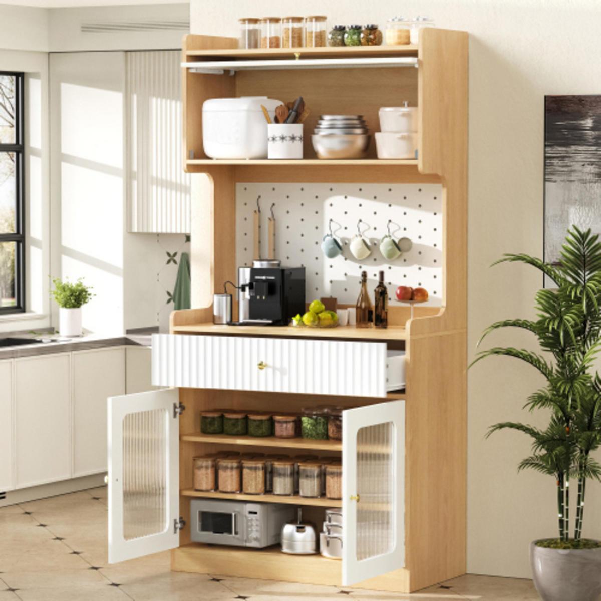 HIGHBOARD mit Riffelglas & LED-Beleuchtung, weiß-natur 80×40×180 cm aus MDF und Spanplatte - Weiß, Holzwerkstoff (80/180/40cm) - Luhomfu