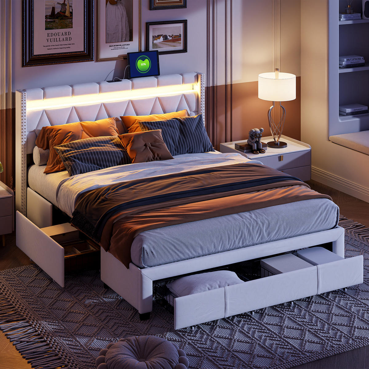 POLSTERBETT 140x200 cm, Beige, LED-Beleuchtung und 4 Schubladen - Beige, Textil/Metall (140/200cm)