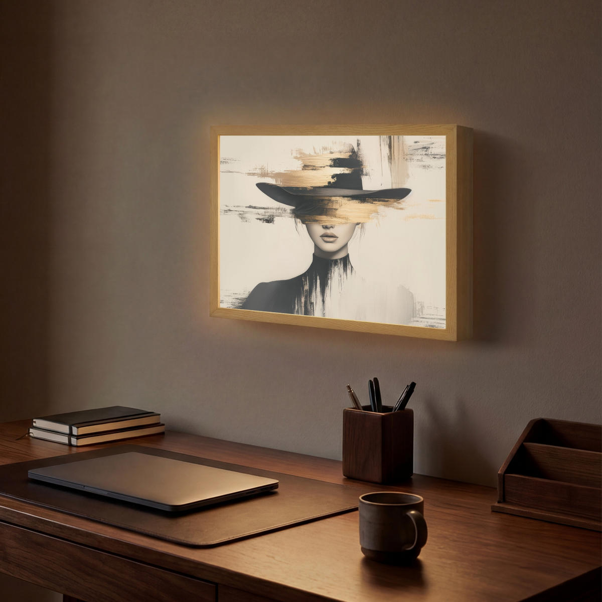 NÁSTĚNNÁ LAMPA S AKUMULÁTOREM Žena - klobouk - barva 40x30 cm - krémová, kompozitní dřevo (40/30/8cm) - OnlyWow