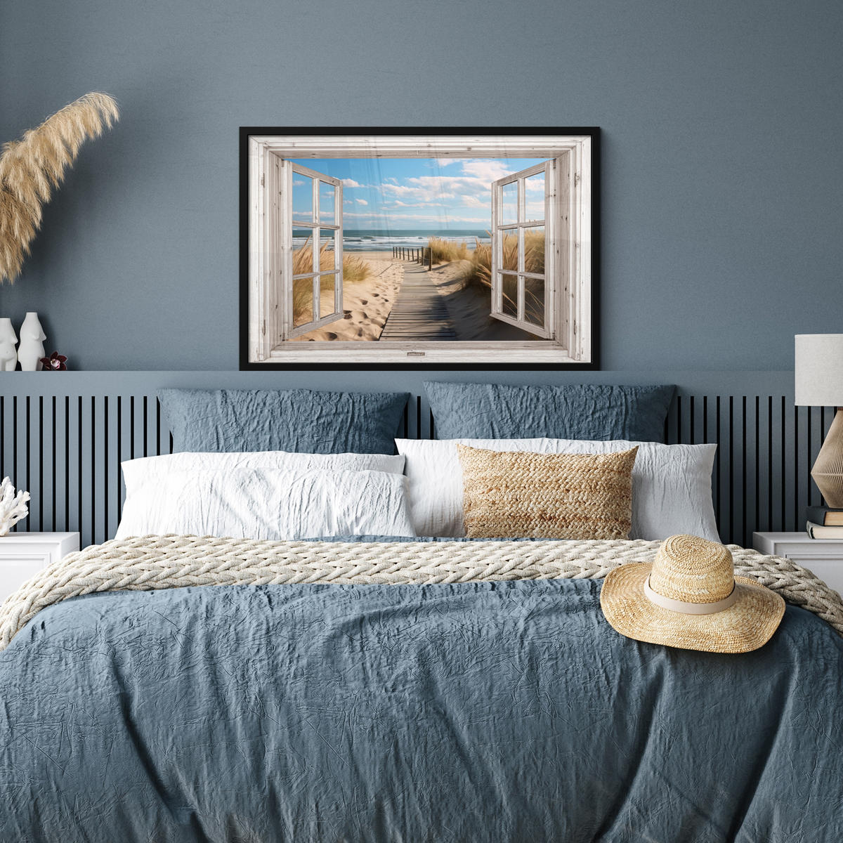 ZARÁMOVANÝ PLAGÁT Okno - more - pobrežie - príroda - výhľad - pláž - Waddenské more 90x60 cm - béžová, papier (90/60cm) - MuchoWow