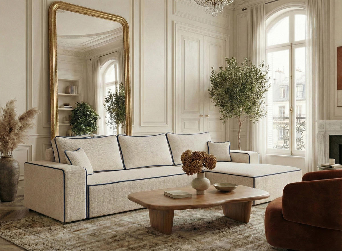 ECKSOFA MIT SCHLAFFUNKTION Modo Beige grau Chenille-Stoff - Rechts Seite - Creme/Schwarz, Holz/Holzwerkstoff (294/185cm) - Maison de Reve