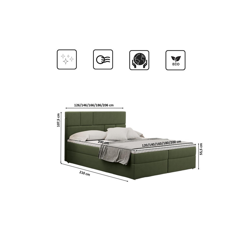 Thumbnail - Kaiser Möbel Boxbett, Olivgrün, Textil, H2, Höhe ca. 20 cm, einzeln stellbar, 180x200 cm, Schlafzimmer, Betten, Boxsprin...