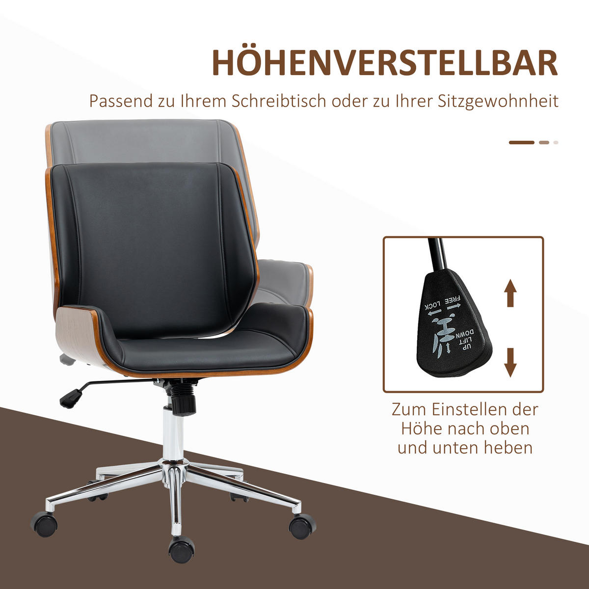 BÜROSTUHL mit Wippfunktion, Ergonomischer Computerstuhl, bis 120 kg Belastbar - Schwarz, Leder (60/96/53cm) - Vinsetto