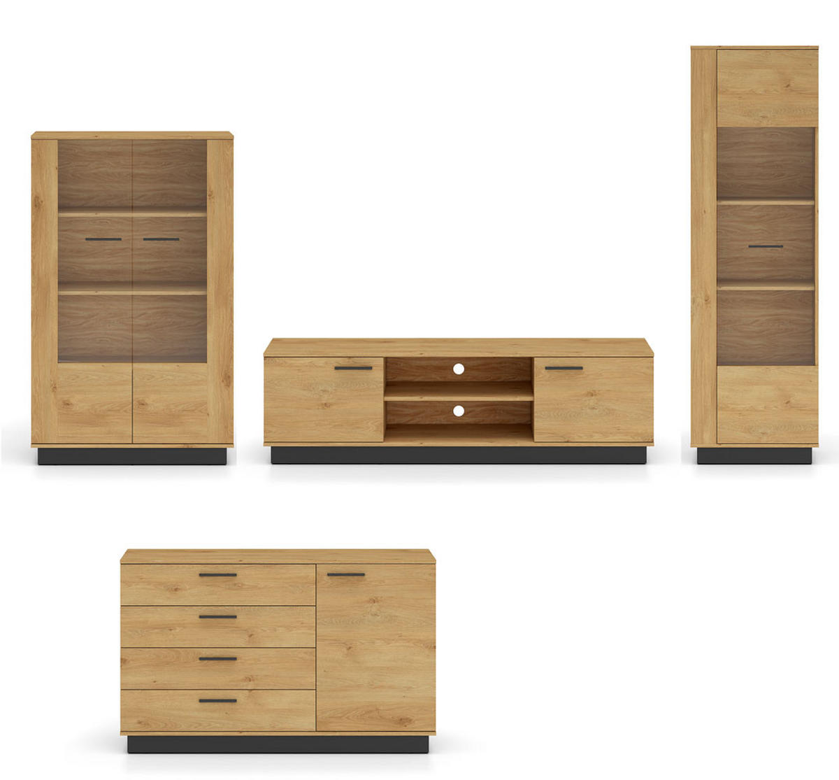 WOHNZIMMER-SET Modesto Eiche Style hell / schwarz 4-teilig - Hellbraun/Eichefarben, Holz/Holzwerkstoff (460/196/40cm) - Feldmann-Wohnen