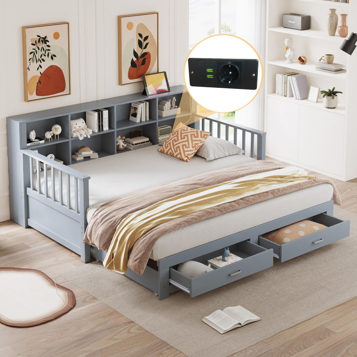 BETT 90/190 cm aus Massivholz in Grau – ausziehbar auf 180/190 cm, inkl. Lattenrost - Grau, Holzwerkstoff (90/190cm) - BEAOK