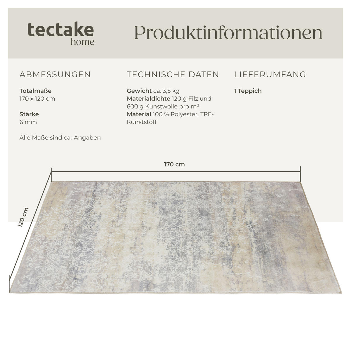 TEPPICH Vintage Design Dalia,rutschfeste Unterfläche,beige - Beige, Kunststoff (120/170cm) - tectake