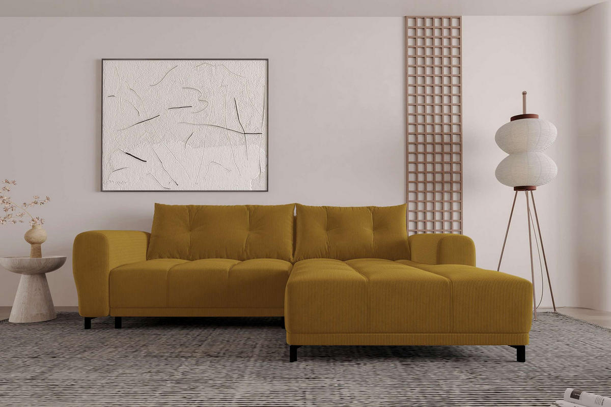 ECKSOFA Massimo Cordstoff Goldfarben inkl. Schlaffunktion Rechts - Goldfarben/Schwarz, Textil/Metall (246/177cm) - 99rooms