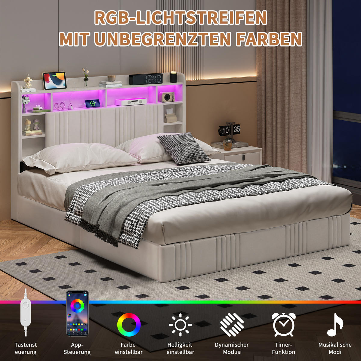 HYDRAULISCHES Stauraumbett 160x200 Beige Leinenoptik mit Stauraum & Kopfteil - Beige, Holz - SHOPENTRA