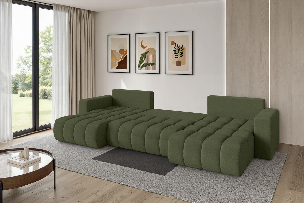 SEDACÍ SOUPRAVA DO U s funkcí spaní a úložným prostorem MILA-U-v1 378x194x86 zelená bouclé - černá/zelená barva, kompozitní dřevo/textil (378/86/194cm) - ALTDECOR