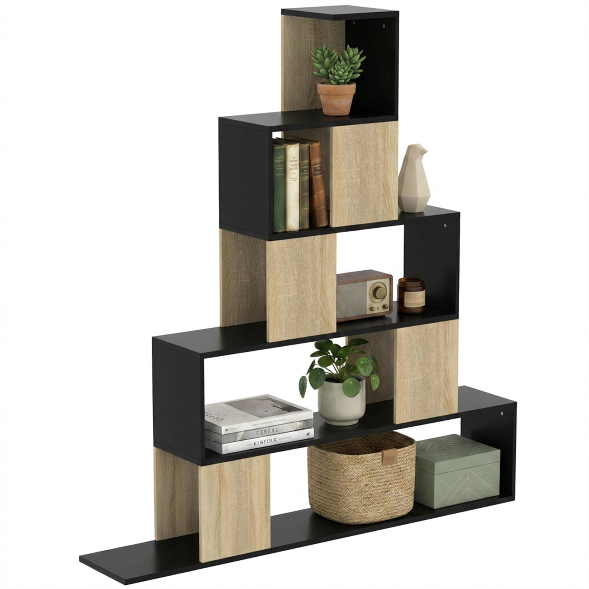 BÜCHERREGAL,5-STUFIG geometrisch,schwarz-naturholz - Schwarz, Holzwerkstoff (120/131.5/22cm) - Vallsero