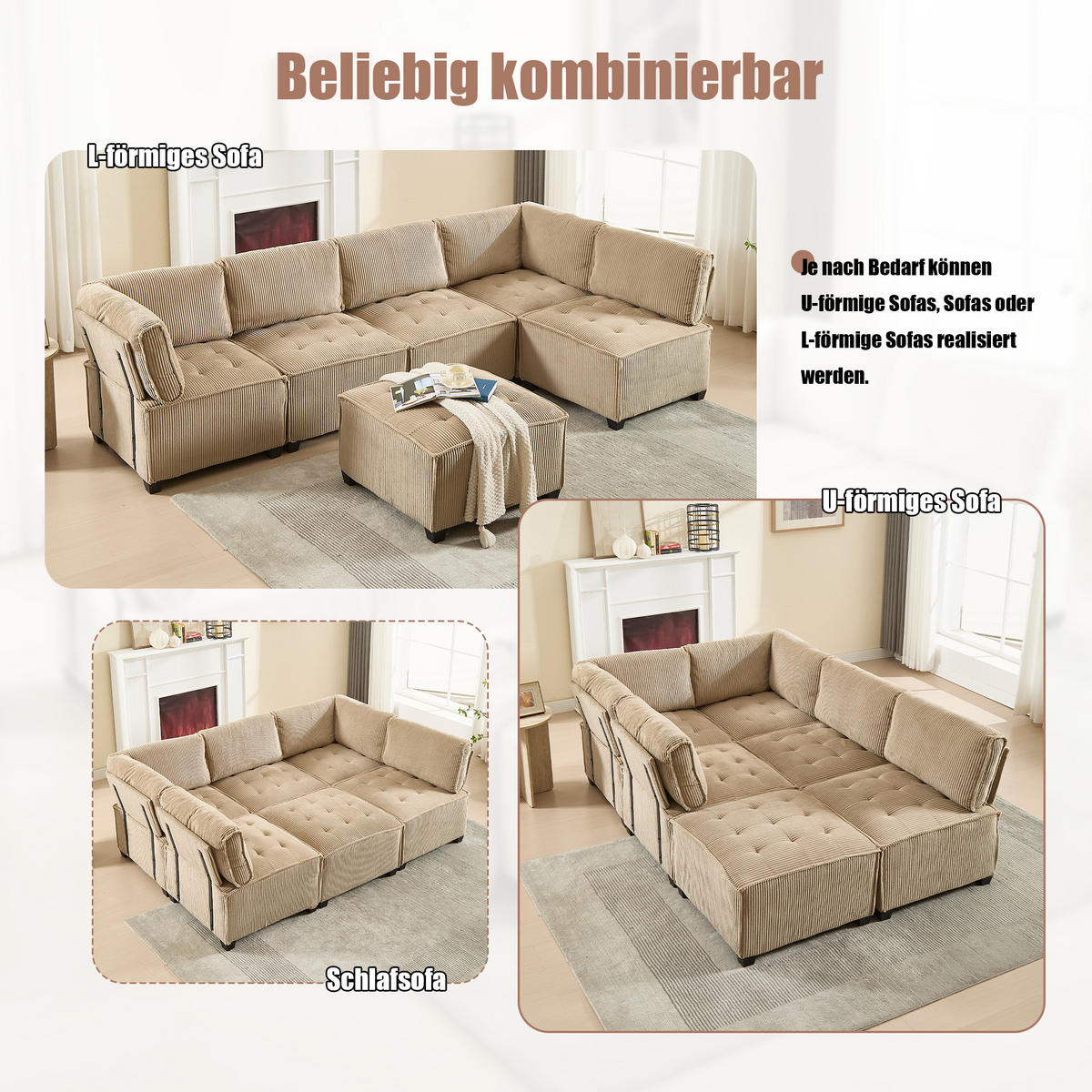 MODULARES 6-Sitzer Sofa Cord mit Seitentaschen und Schlaffunktion 308/154/82 cm Sandfarben - Sandfarben, Kunststoff/Textil (154/82/308cm) - Redom