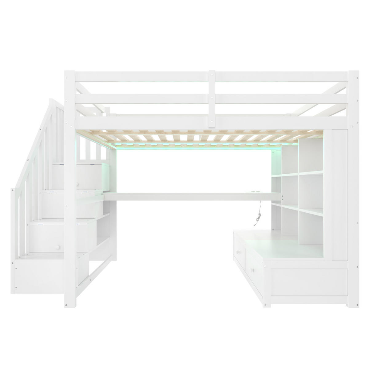 HOCHBETT 140/200 cm aus Kiefer, MDF und Sperrholz mit Schreibtisch, Regalen und Stauraumtreppe Weiß - Weiß, Holzwerkstoff (140/200cm) - Modenvie
