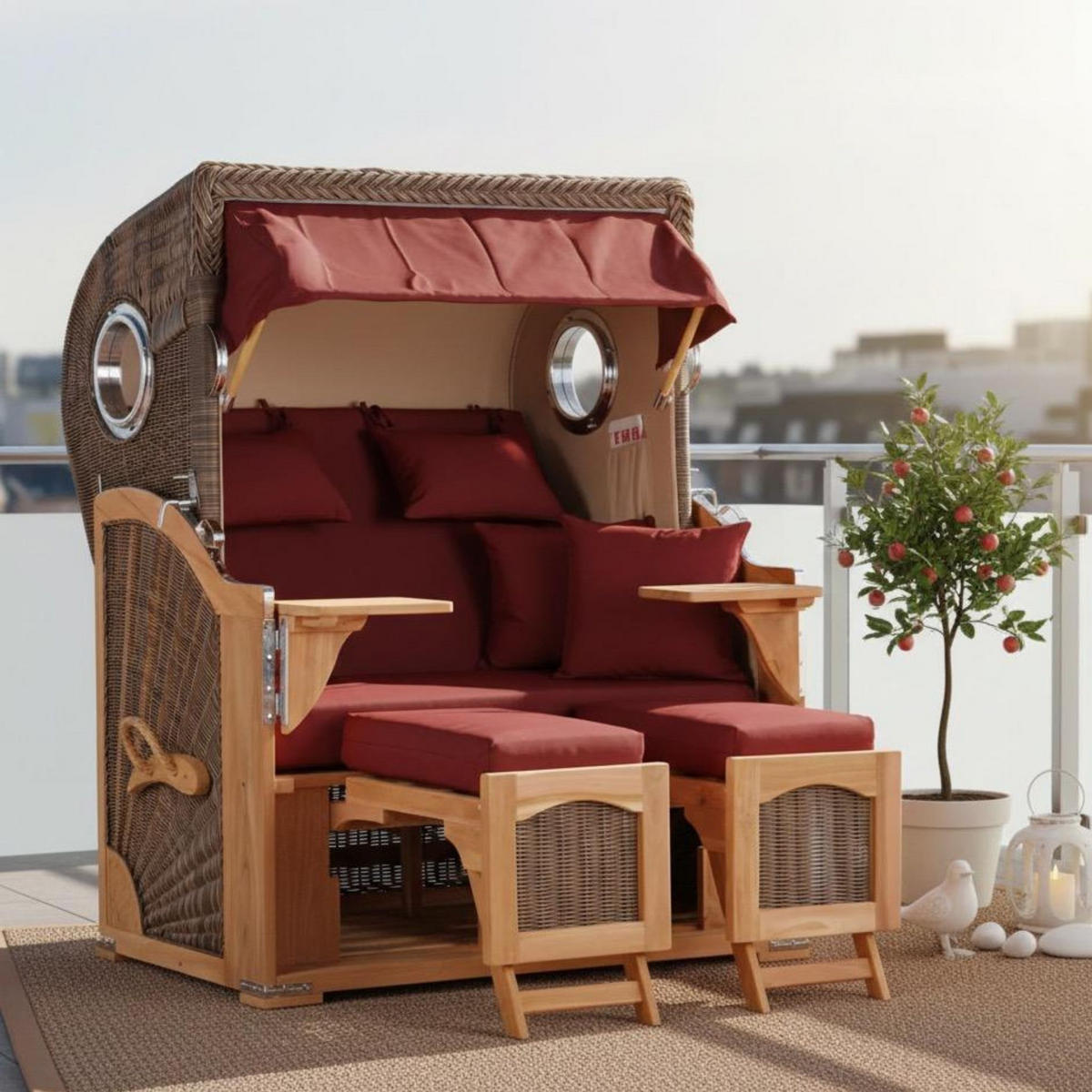 STRANDKORB Düne 2 Sitzer Teak PE Grey - Rot/Braun, Holz/Metall (125/170/80cm) - Mr. Deko