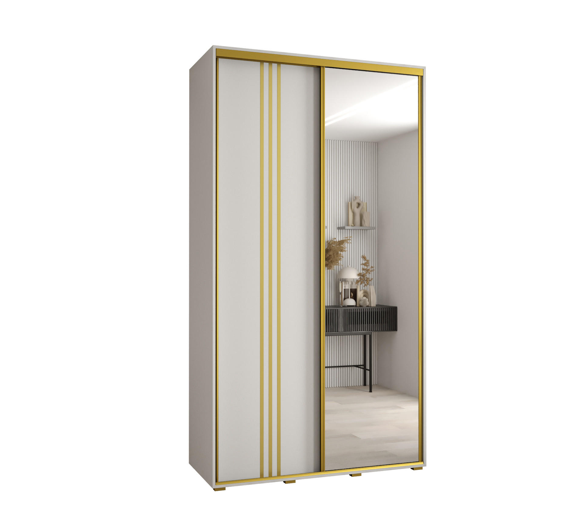 Abiks Möbel Schwebetürenschrank Weiß, Weiß, Gold 130x235x60 cm