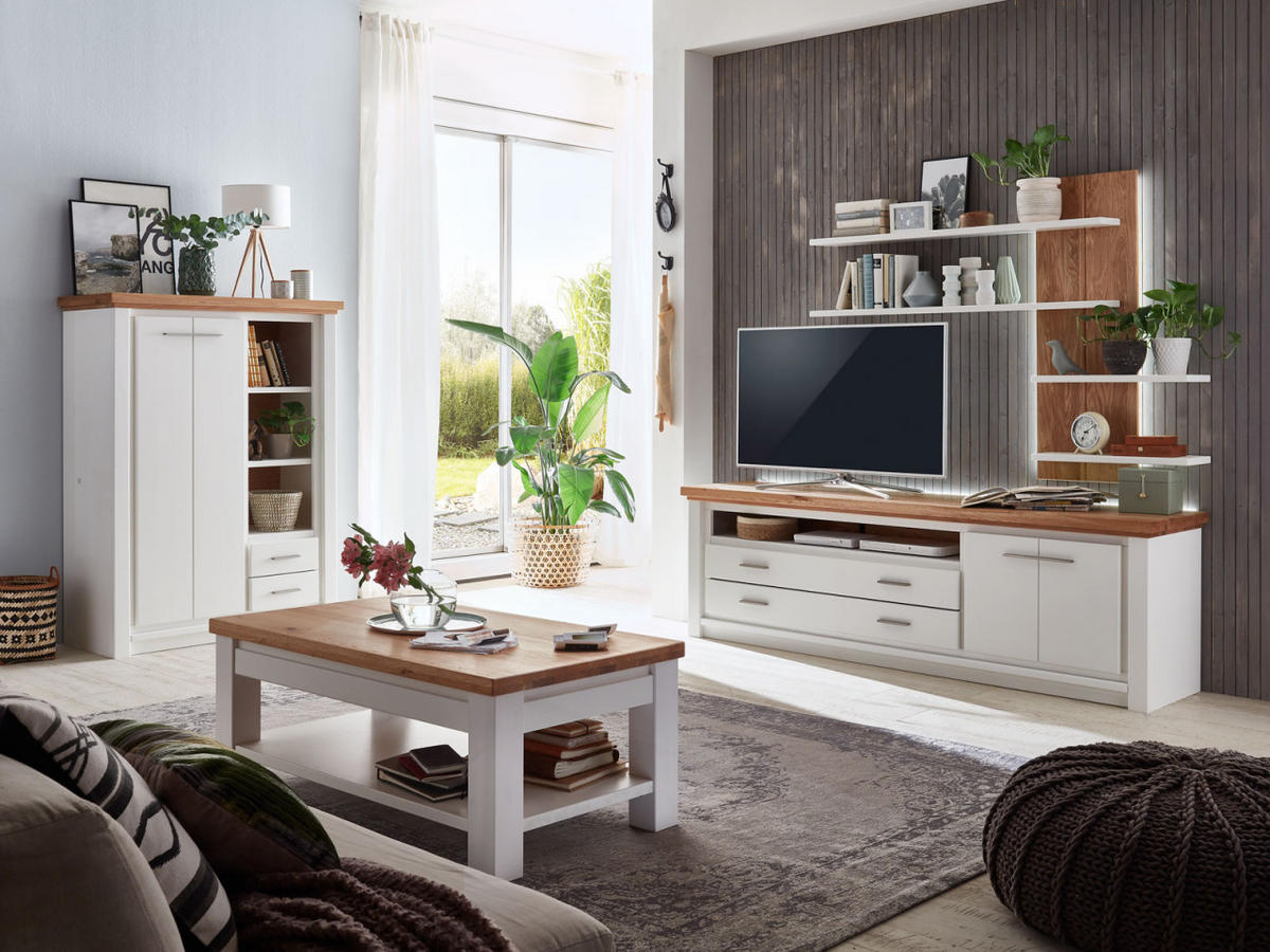 WOHNWAND weiß Olbia Wildeiche 327/45/189 cm - Weiß/Braun, Holz (327/189/45cm) - Casamia Massive Möbel