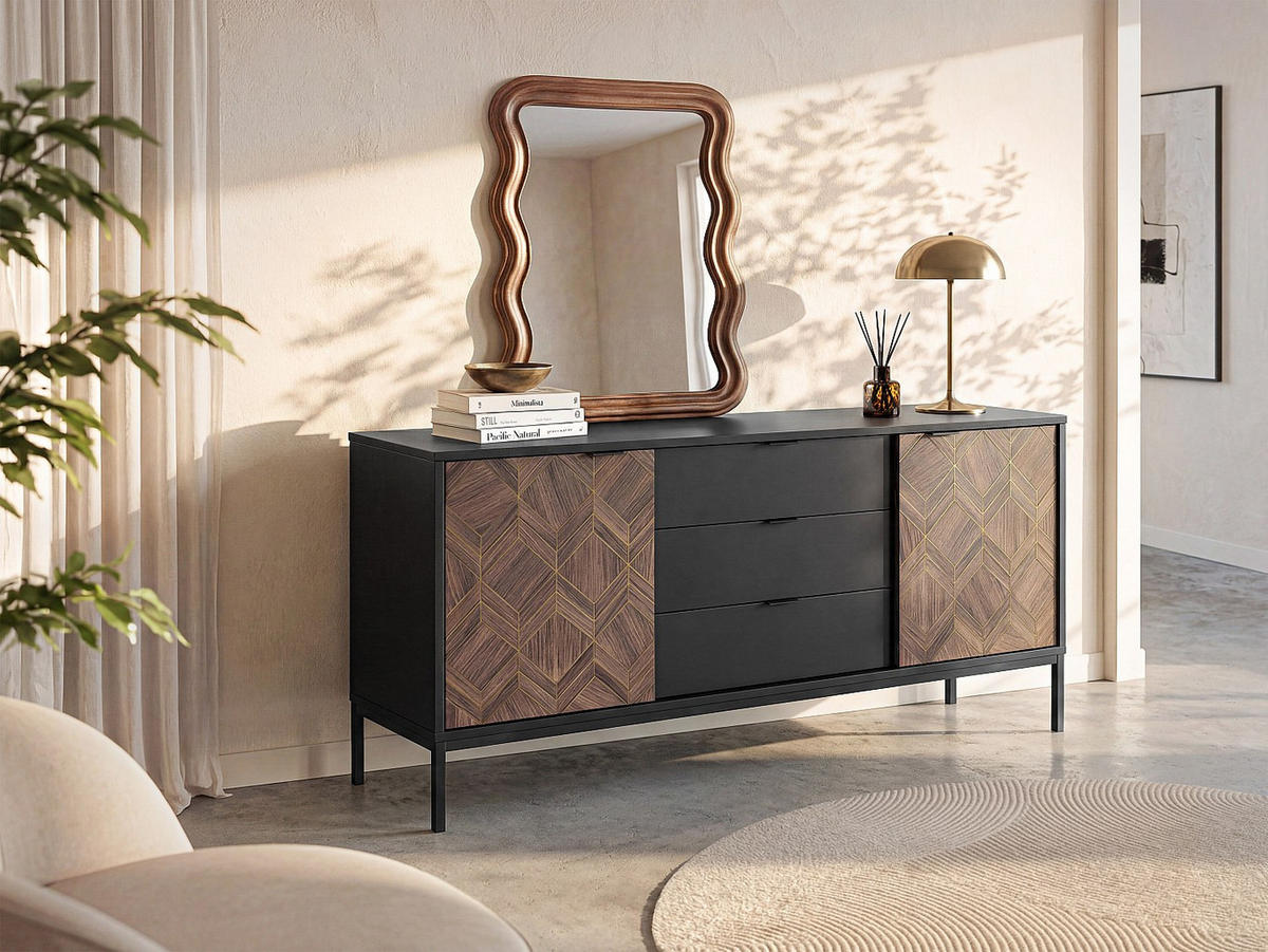 SIDEBOARD - 185 cm x 49 cm - Holz, Platte - Schwarz, Naturfarben Dunkel - MIALINE - Schwarz/Naturfarben, Holz (185/83/49cm) - Vente-Unique