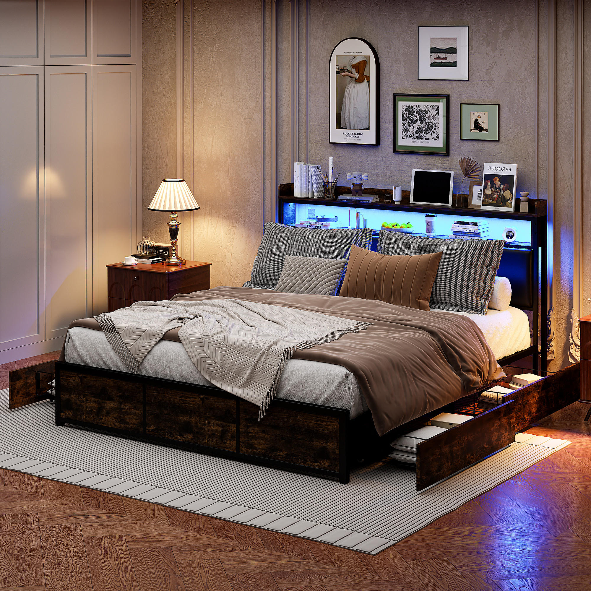 POLSTERBETT 160x200 cm, Schwarz, LED-Beleuchtung, 4 Schubladen - Schwarz, Textil/Metall (160/200cm)