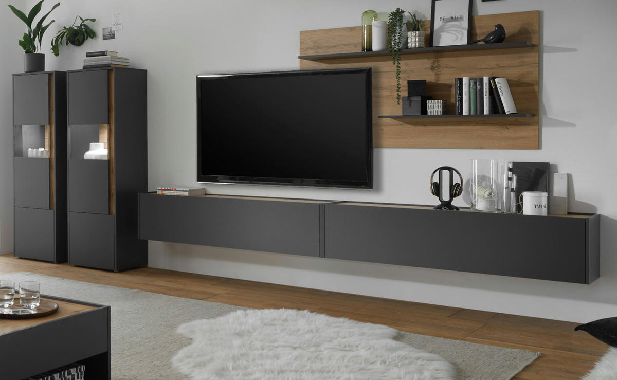WOHNWAND 5-teilig grau matt, Eiche Wotan 440 cm, Schrankwand mit XXL-TV-Schrank - Eiche Wotan/Grau, Glas/Holz (440/180/40cm) - Furn.Design
