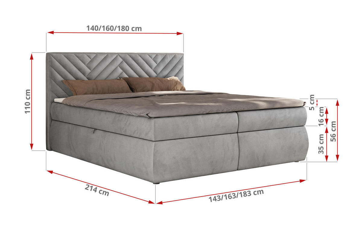 BOXBETT AVERTA 140/200 - Hellgrau Velvet - H3 - Hellgrau, Textil (140/200cm) - MKS