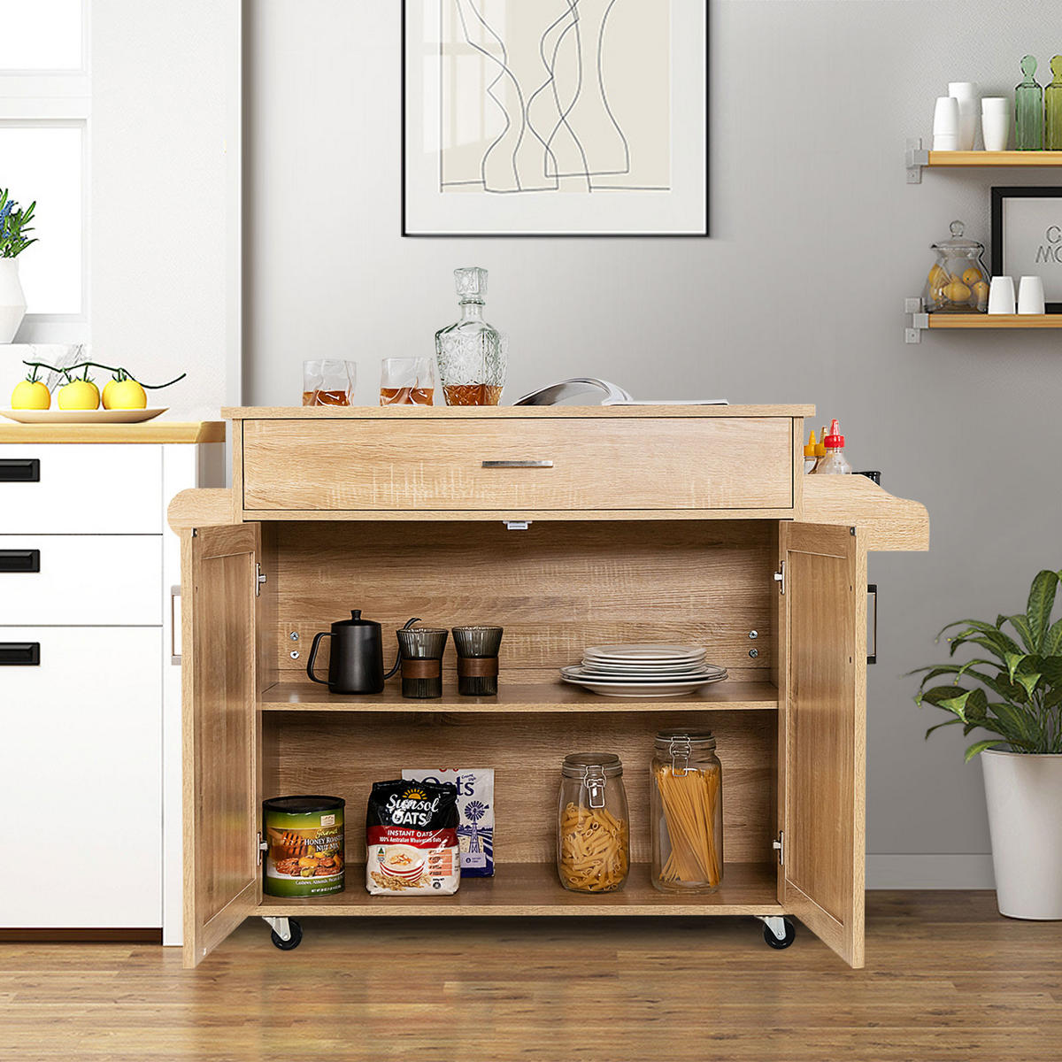 KÜCHENWAGEN Holz Natur - Weiß, Holz (40/85/116cm) - COSTWAY