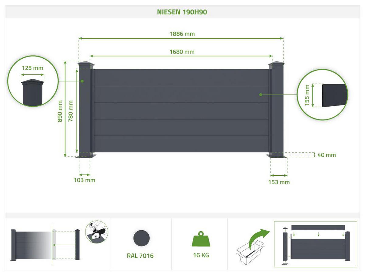 VORGARTENZAUN 5er-Set Niesen grau 1,9m H.90cm aluminium - Grau, Metall (945/89cm) - Casanoov