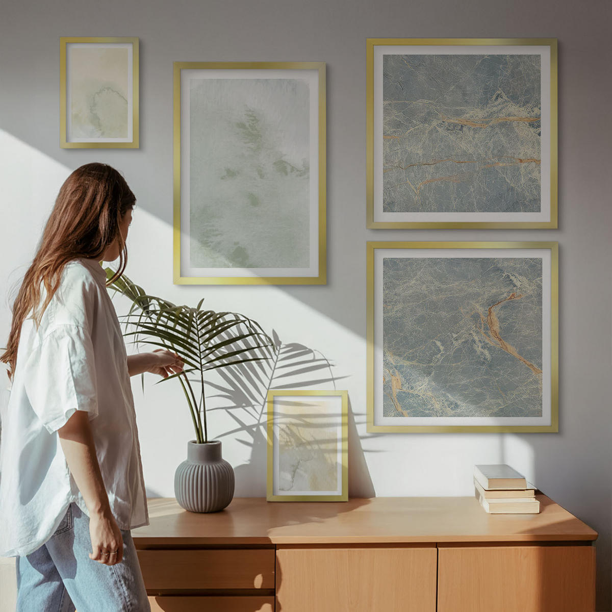 BILDER SET 5er Set - 50x50 cm & 20x30 cm & 40x60 cm Goldrahmen - Pastellfarben auf Aquarellleinwand - Goldfarben, Kunststoff (40/60cm) - TULUP