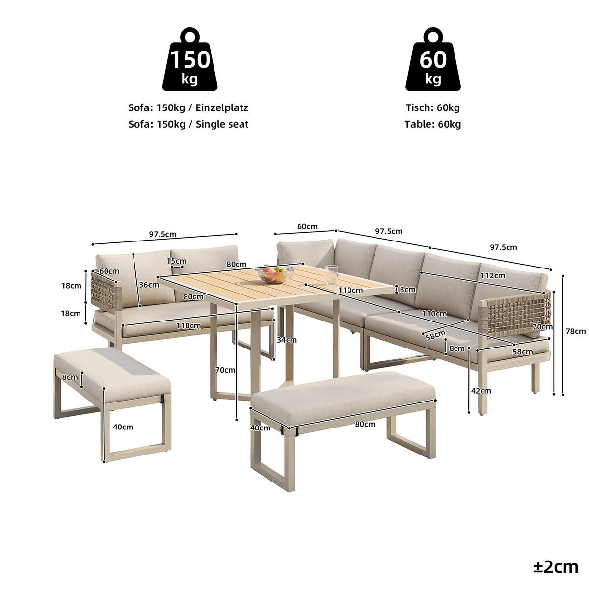 GARTENLOUNGE 8-10 Personen Sofa Tisch Kunststoffholz Seil Kissen - Beige, Metall - FLIEKS
