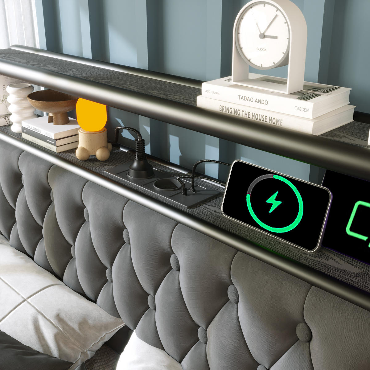 POLSTERBETT 140/200 cm Grau mit USB- und Type-C-Anschlüssen und LED-Beleuchtung - Grau, Textil (140/200cm) - OKWISH